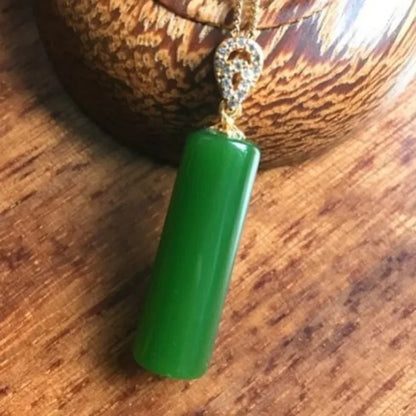 Natural Hetian Jasper Cylindrical Pendant, Spinach Green Jade Pendant for Men and Women