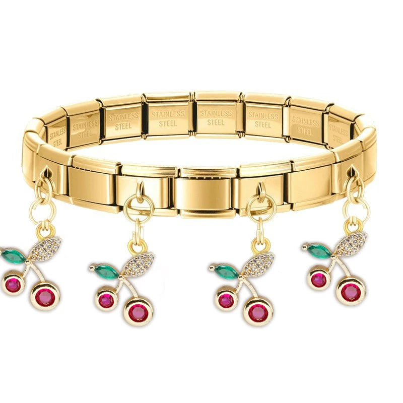 Geometric Square Stainless Steel Elastic Strap Bangle Bracelets for Women Strawberry Cherry Pendant Bracelets Hand Jewelry Gift
