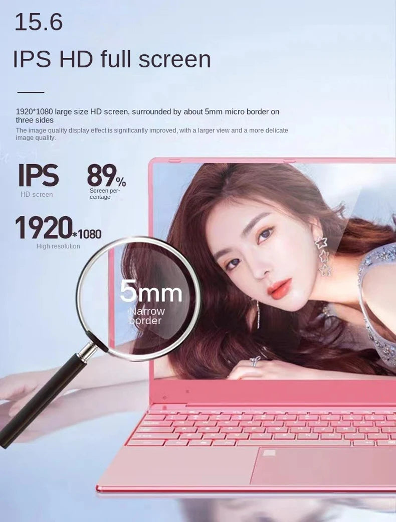 2025 Pink Laptop Windows 11 Office Education Gaming Notebook 15.6“11th Gen Intel Celeron N5095 16G RAM 1T Dual WiFi Narrow Side