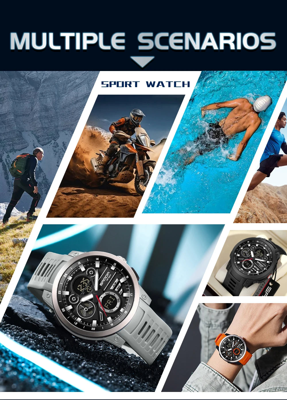 SANDA Men Sport Wristwatch TPU Strap Waterproof Quartz Watch Dual Display Digital Luminous Male Clock Relogio Masculino