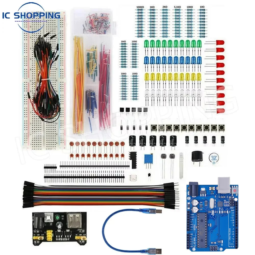 830Pcs DIY Electronics Starter Kit – For Arduino UNO R3, Includes Breadboard, Tie-points, and Electronic Components