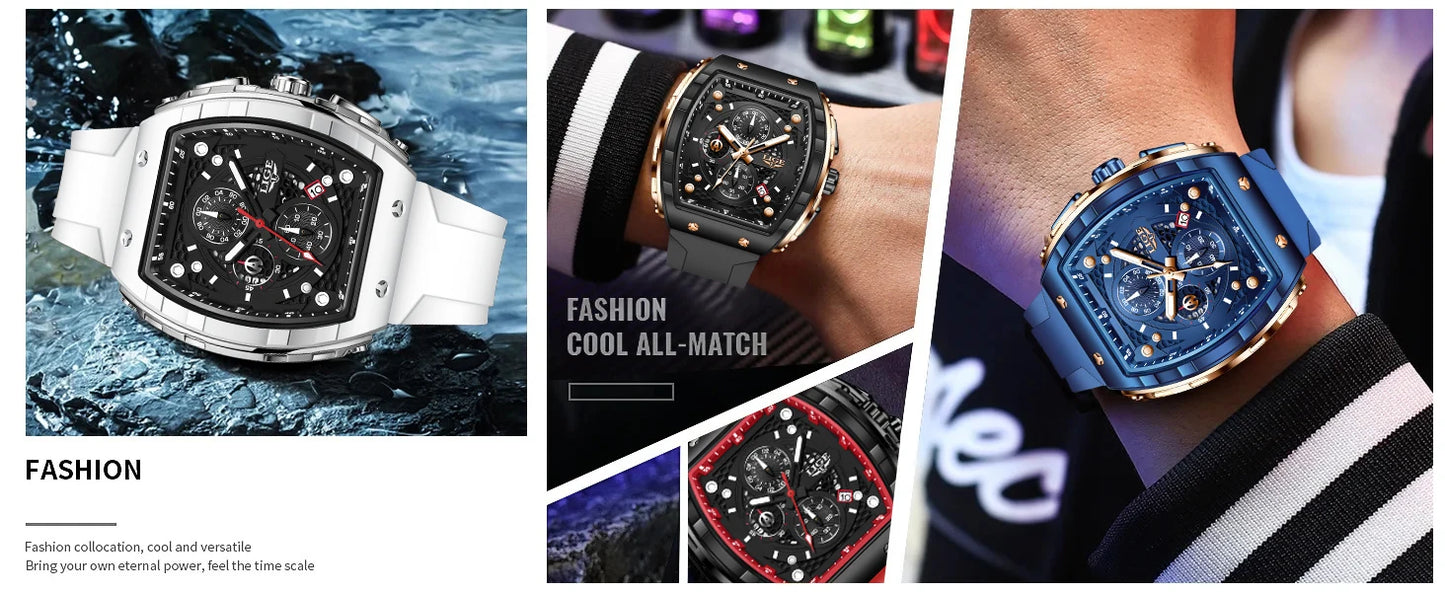 LIGE Top Brand Luxury Square Quartz Watches for Men Fashion Casual Sport 50M Waterproof Man Watch Auto Date Military Chronograph