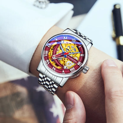 Casual Mechanical Watches For Men Fashion Stainless Steel Strap Automatic Hollow Wristwatch Luminous Skeleton Clock Relogio