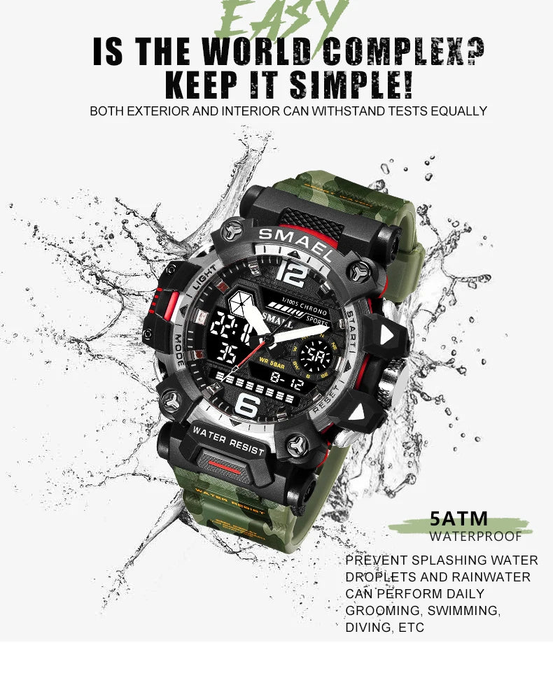 SMAEL New Watches 50m Waterproof Sports Watch Digital 8072 Army Watch Digital Quartz Dual Time Wristwatches LED for Men