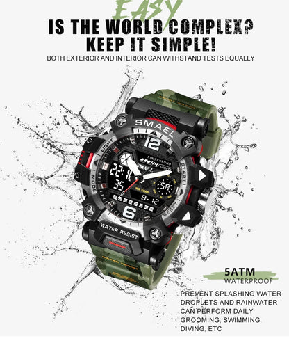 SMAEL New Watches 50m Waterproof Sports Watch Digital 8072 Army Watch Digital Quartz Dual Time Wristwatches LED for Men