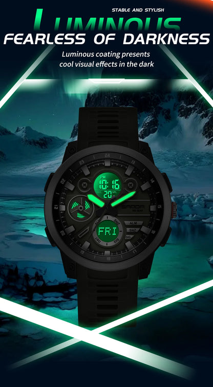 SANDA Men Sport Wristwatch TPU Strap Waterproof Quartz Watch Dual Display Digital Luminous Male Clock Relogio Masculino
