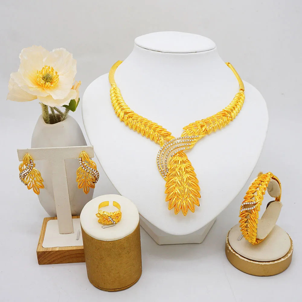 Necklace/Earrings/Bracelet/Ring (Diamond) Women 24K Gold, AU999 | Wire-inlaid bamboo with diamond accents.