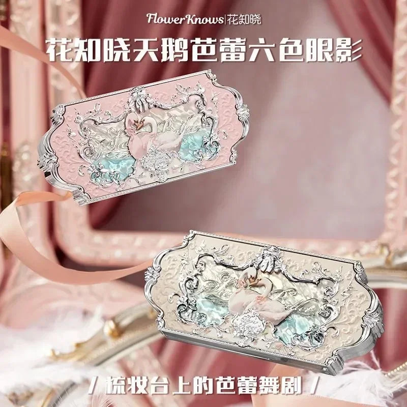 Flower Knows Swan Ballet Eyeshadow 6 Color Palette Matte Shimmer Glitter Mixed Long Lasting Eye Shadow Makeup Flowers Know