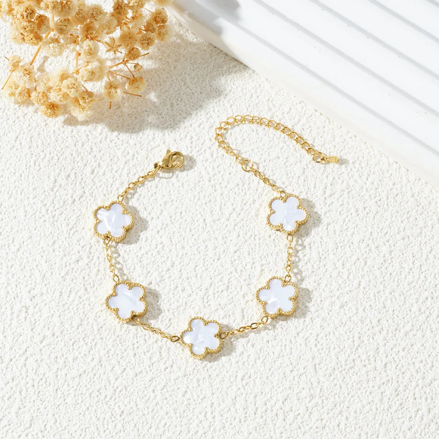 Stainless Steel Bracelet Double Sided Five Leaf Petals Flower Gold Plated Clover Women Fashion Jewelry