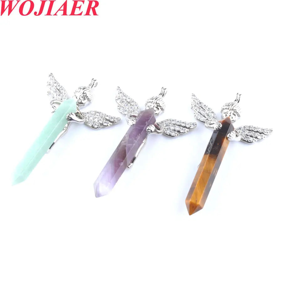 Natural Lazulis Stone Long Hexagonal Pendant For Make DIY Trendy Rhinestone Angel Wings Necklace Wed Gift BO907