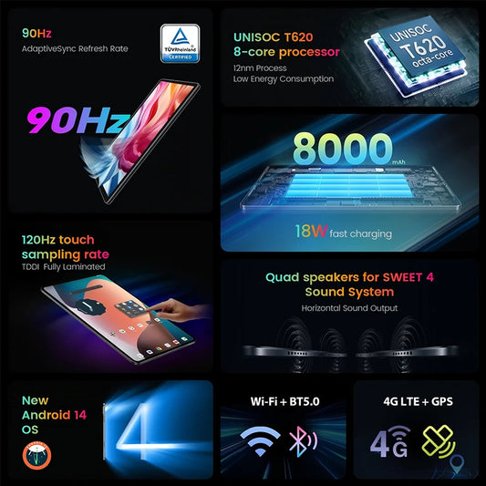 Teclast T60 12 inch 2K Tablet Android 14 8GB+12GB RAM 256GB ROM T620 octa-core 8000mAh 18W PD Fast Charging 4G VoLTE GPS Tablets