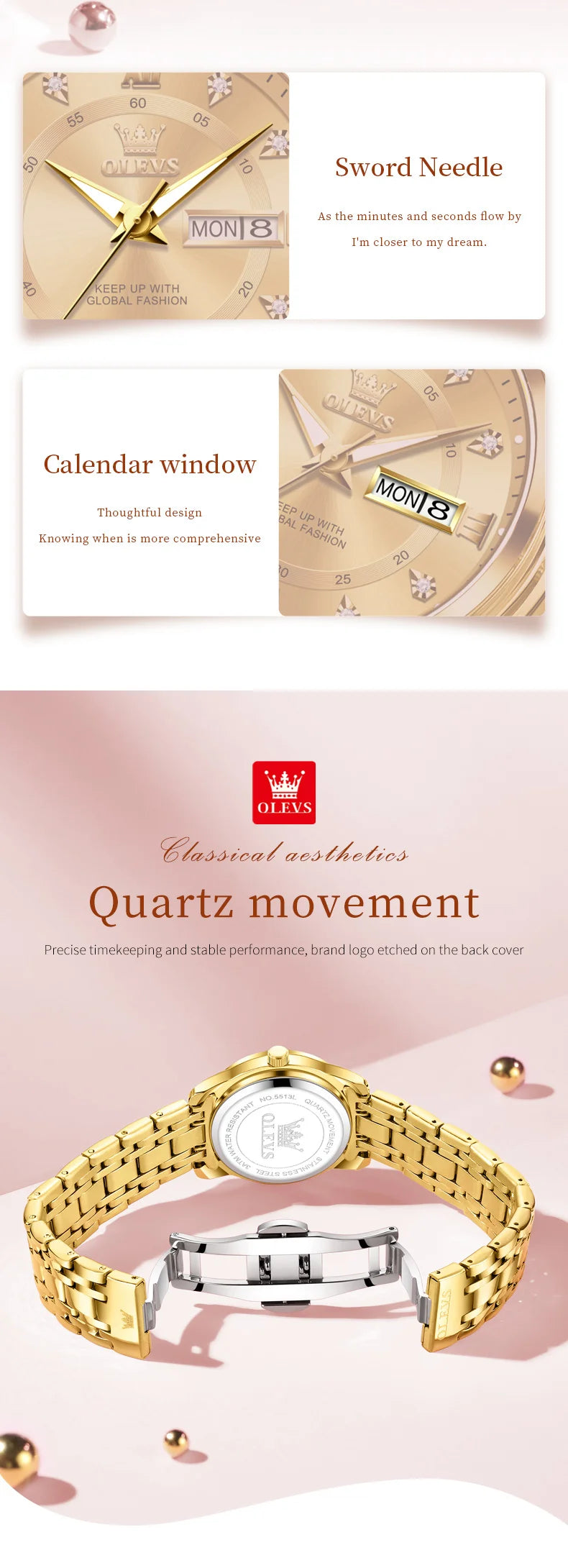 OLEVS Best Selling Fashion Stainless Steel Quartz Ladies Watch Luxury Dual Calendar Luminous Waterproof Elegant Watch for Women