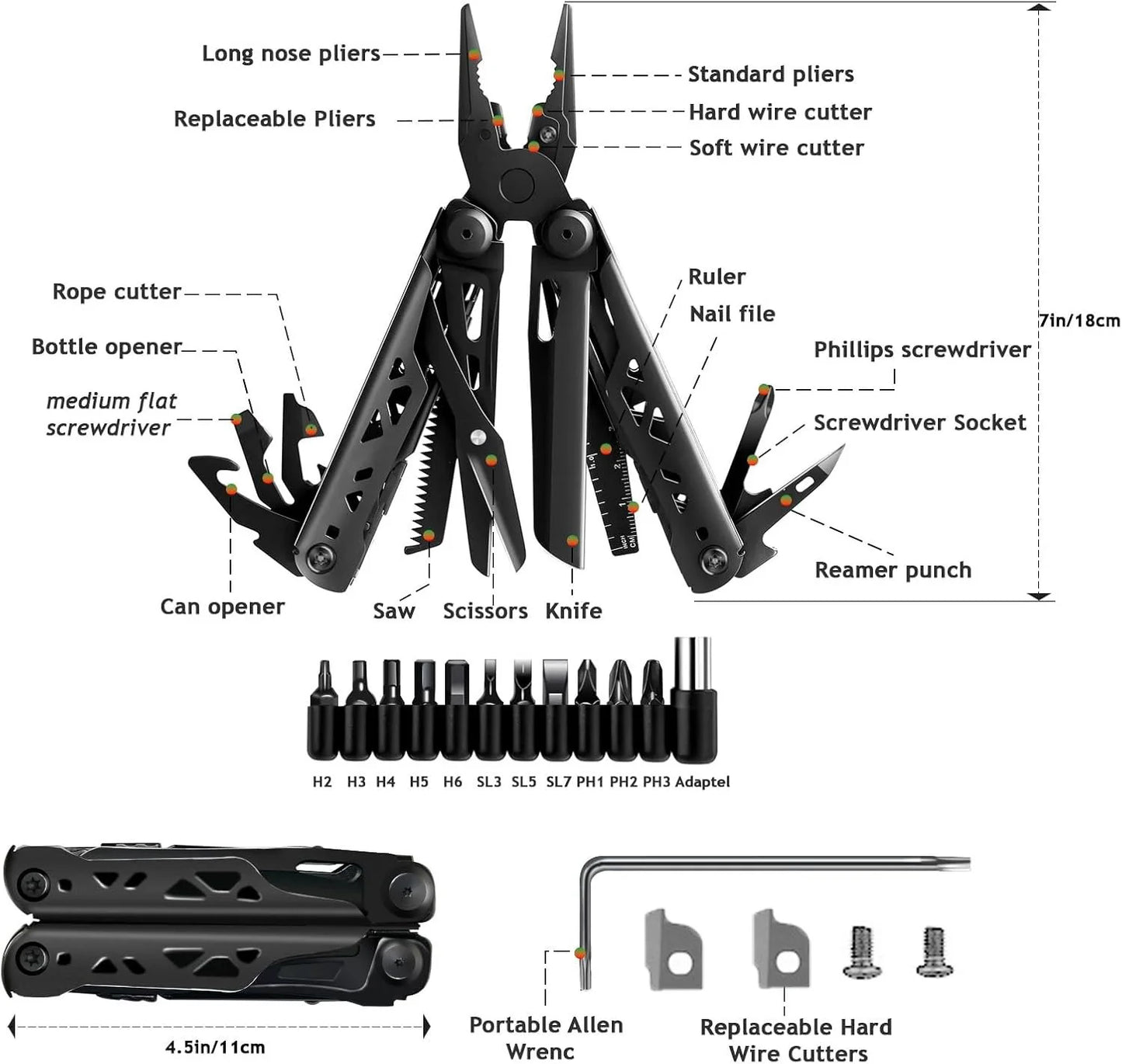 TRALOW Multi Functional Tool Pliers 28 in 1 Stainless Steel Foldable with Thread Cutter Knife Saw Screwdriver for Camping Repair