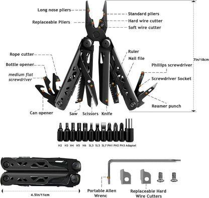 TRALOW Multi Functional Tool Pliers 28 in 1 Stainless Steel Foldable with Thread Cutter Knife Saw Screwdriver for Camping Repair