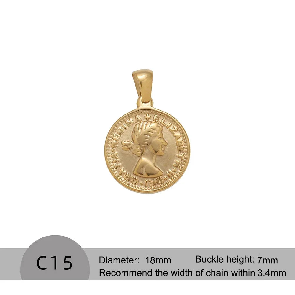 RHYOSNG Vintage Jewelery Stainless Steel 18K PVD Plated Golden Charm Round Portrait Key Moon Only Pendant For Women DIY Necklace