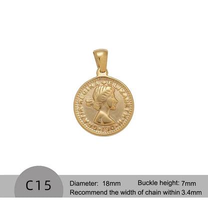 RHYOSNG Vintage Jewelery Stainless Steel 18K PVD Plated Golden Charm Round Portrait Key Moon Only Pendant For Women DIY Necklace