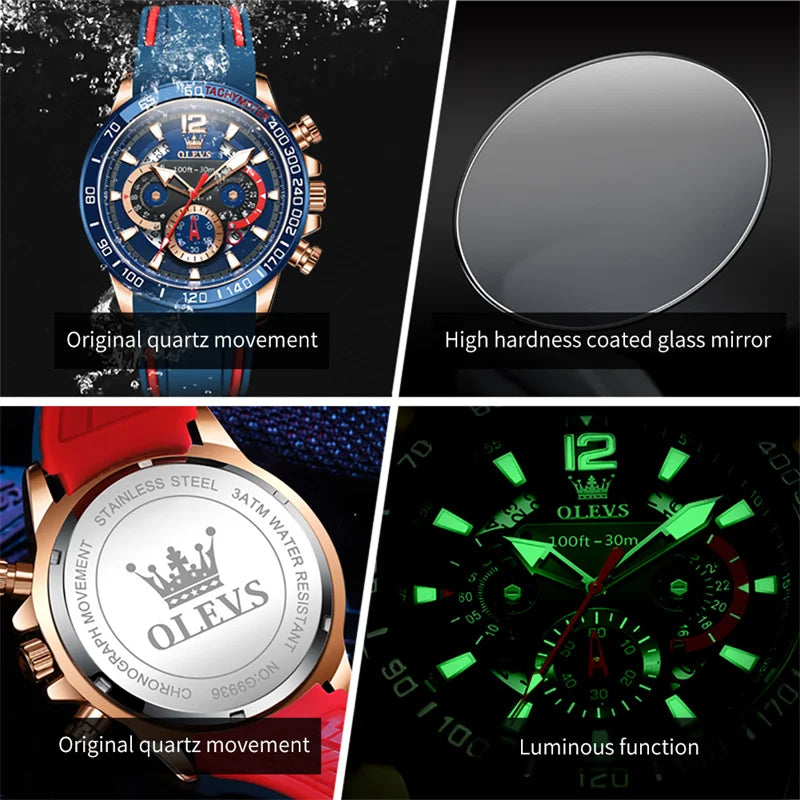 OLEVS Watch For Men High Quality Luminous Date Military Sport Quartz Men's Wristwatch Blue Rubber Strap Reloj Hombre