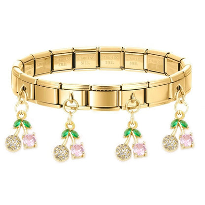 Geometric Square Stainless Steel Elastic Strap Bangle Bracelets for Women Strawberry Cherry Pendant Bracelets Hand Jewelry Gift