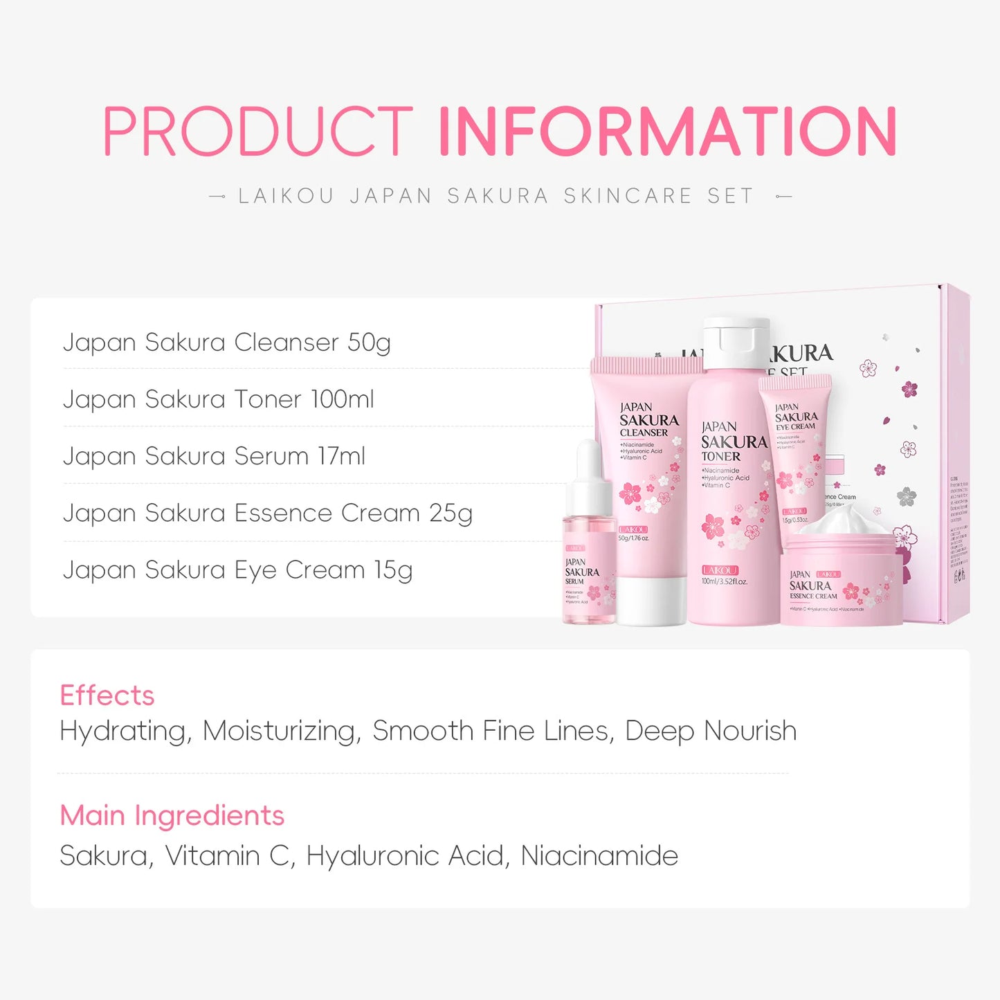 LAIKOU Sakura 5-Piece Skincare Gift Set – Moisturising Korean Valentine's Day Kit