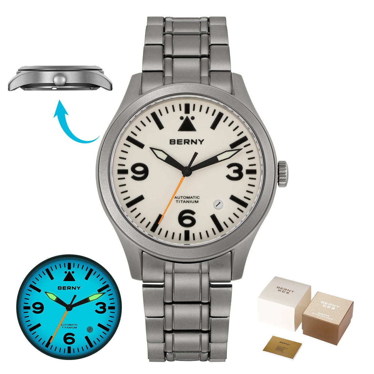 BERNY Pilot Titanium Automatic Watch for Men Sapphire AR Coated 10Bar Supper Luminous Men Wristwatch Sports Aviation Men Watches