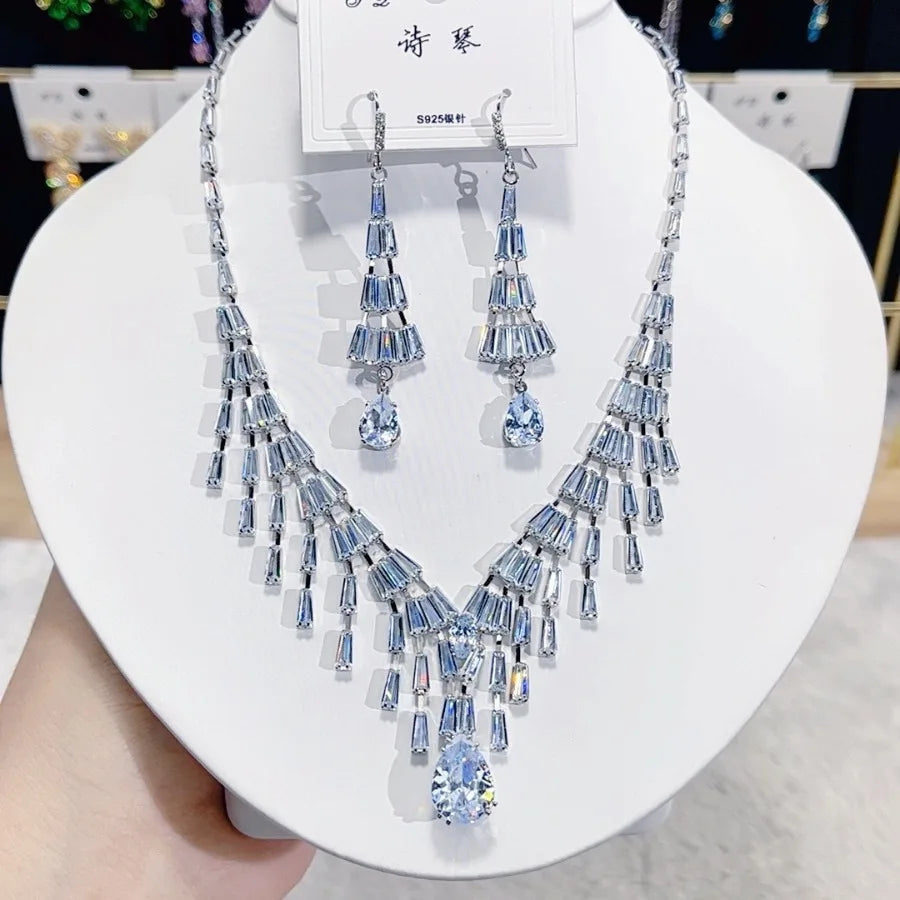 Multicolor Waterdrop Tassel Zirconia Necklace Earrings Women New Silver Color Bridal Wedding Fashion Jewelry Set Party Gifts