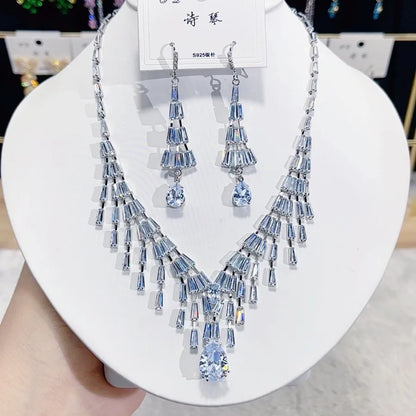 Multicolor Waterdrop Tassel Zirconia Necklace Earrings Women New Silver Color Bridal Wedding Fashion Jewelry Set Party Gifts