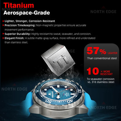 NORTH EDGE TRITON-TI Titanium Solar Diving Watch – 300M Waterproof, 180-Day Power Reserve