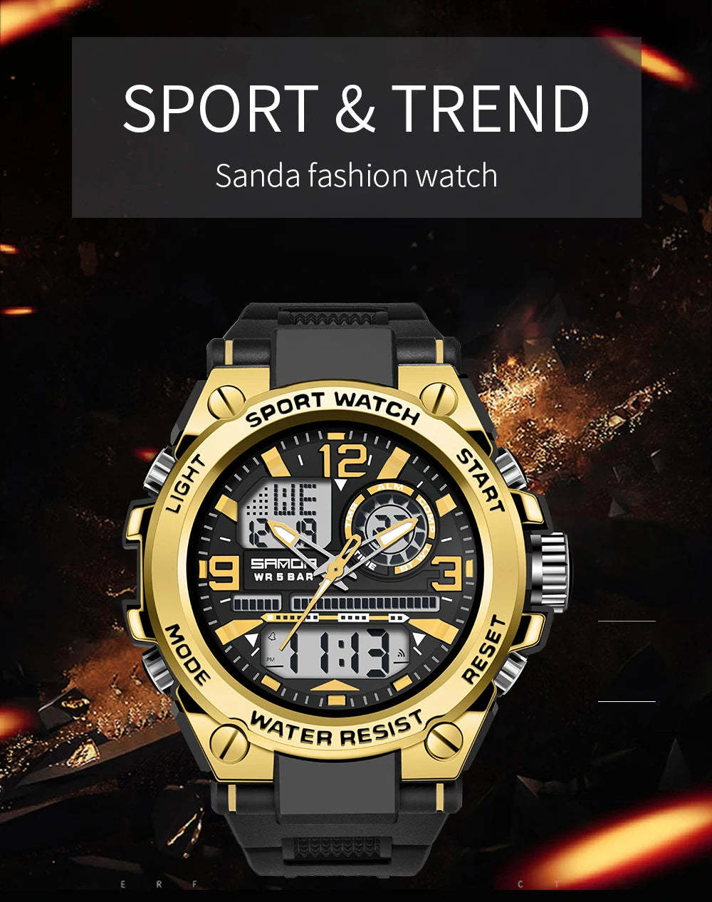SANDA Men Sports Quartz Watches Dual Display LED Electronic Digital Wristwatches Waterproof Military Watch Relogios Masculino