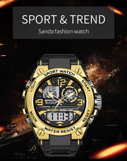 SANDA Men Sports Quartz Watches Dual Display LED Electronic Digital Wristwatches Waterproof Military Watch Relogios Masculino