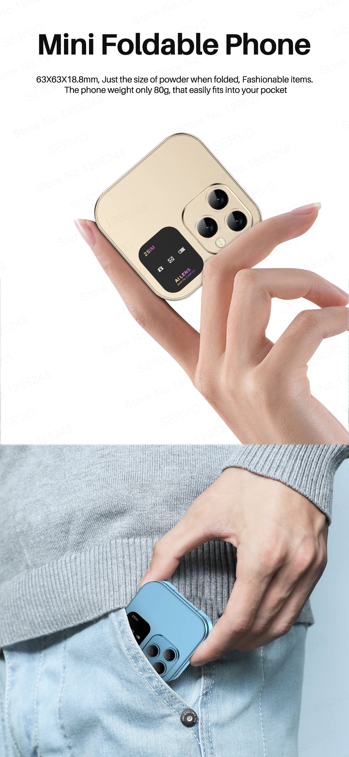 SERVO i16 Pro 2G GSM/4G LTE Network Small Flip Mobile Phone 2 SIM Standby Call Recording Speed Dial 1.77" Mini Folding Cellphone