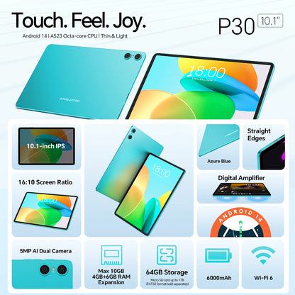 Teclast P30 Android 14 Tablet 10.1 inch IPS A523 Octa-core Max 10GB RAM 64GB ROM Tablets PC 3.5mm Jack TÜV Rheinland Certified