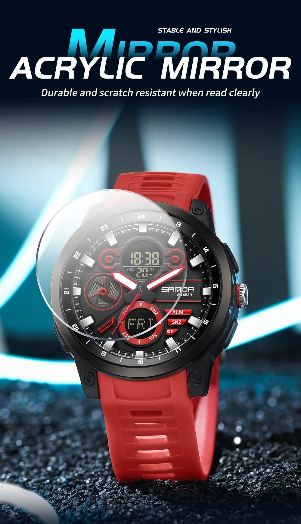 SANDA Men Sport Wristwatch TPU Strap Waterproof Quartz Watch Dual Display Digital Luminous Male Clock Relogio Masculino