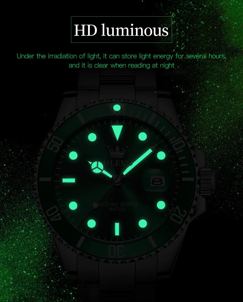 OLEVS 5885 Men's Watches Business Stainless Steel Strap Green Quartz Watch Waterproof Calendar Luminous High Quality Wristwatch