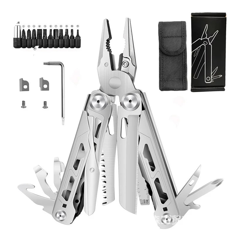 TRALOW Multi Functional Tool Pliers 28 in 1 Stainless Steel Foldable with Thread Cutter Knife Saw Screwdriver for Camping Repair