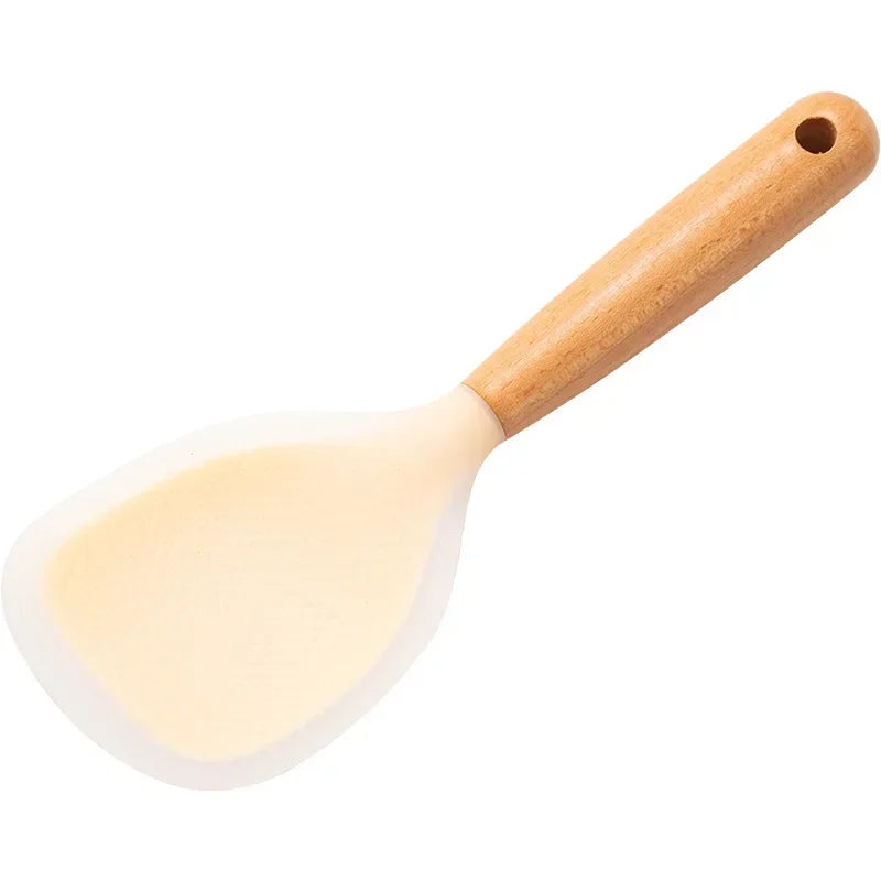 1Pc Silicone Spoon With Wooden Handle Non-stick Spatula For Pot Heat Insulation Heat Resistant Spoon For Rice Cooker For Home