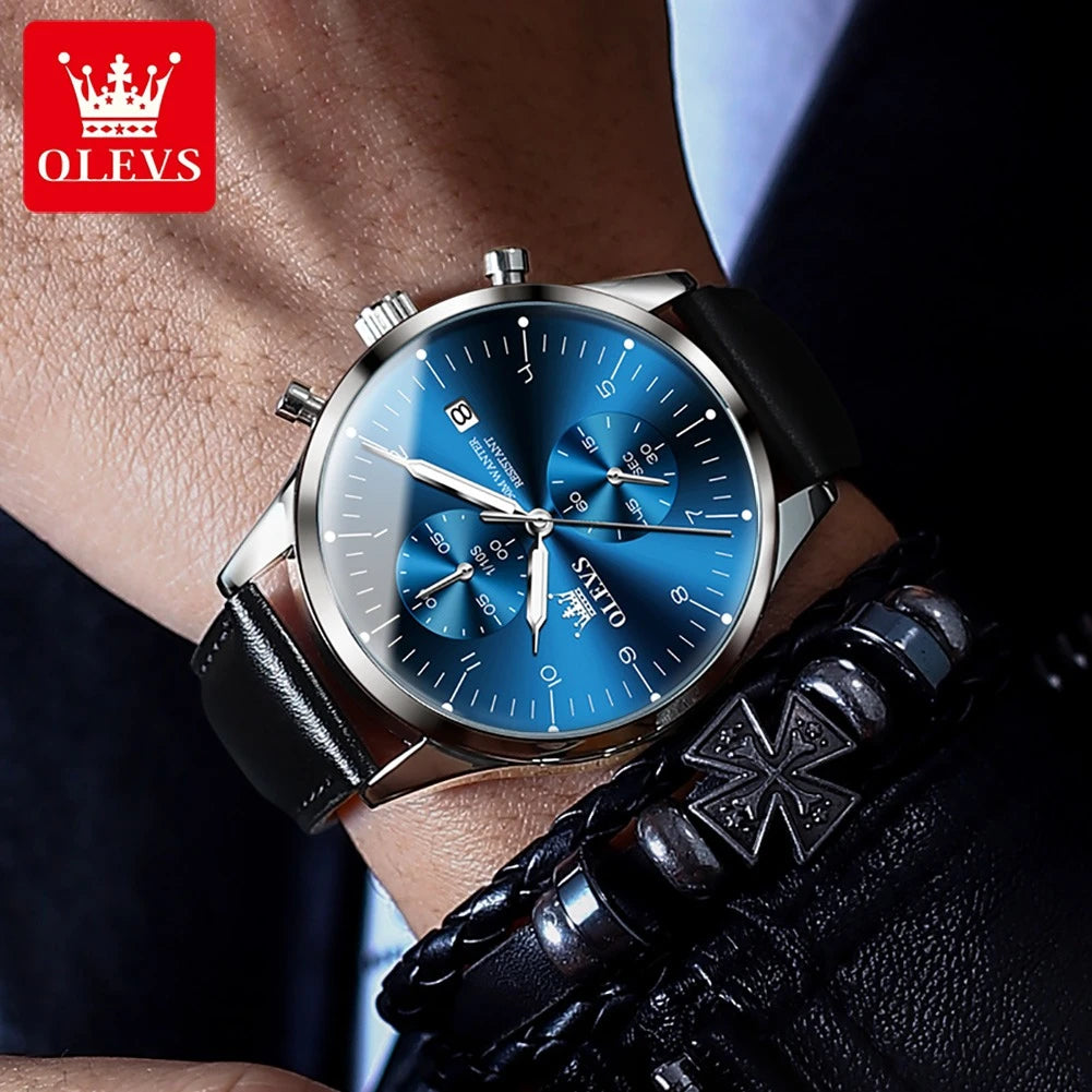 OLEVS 2880 Quartz Business Watch Gift Round-dial Genuine Leather Watchband Wristwatch Calendar Luminous