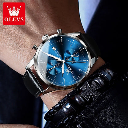 OLEVS 2880 Quartz Business Watch Gift Round-dial Genuine Leather Watchband Wristwatch Calendar Luminous