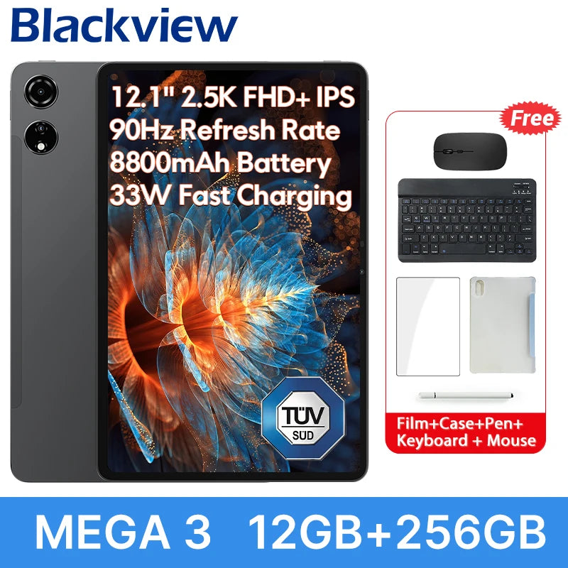 Blackview MEGA 3 Tablet 12.1" 2.5K 90Hz Display Android 15 MediaTek G100 8800mAh 33W Fast Charging 50MP Camera 12GB 256GB Pad