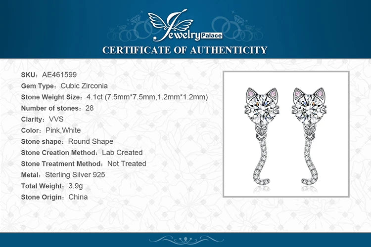 JewelryPalace New Arrival Love Cat Wagging Tail 4ct Round Gemstone 925 Sterling Silver Dangle Stud Earrings for Woman Girl Gift