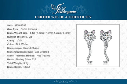 JewelryPalace New Arrival Love Cat Wagging Tail 4ct Round Gemstone 925 Sterling Silver Dangle Stud Earrings for Woman Girl Gift