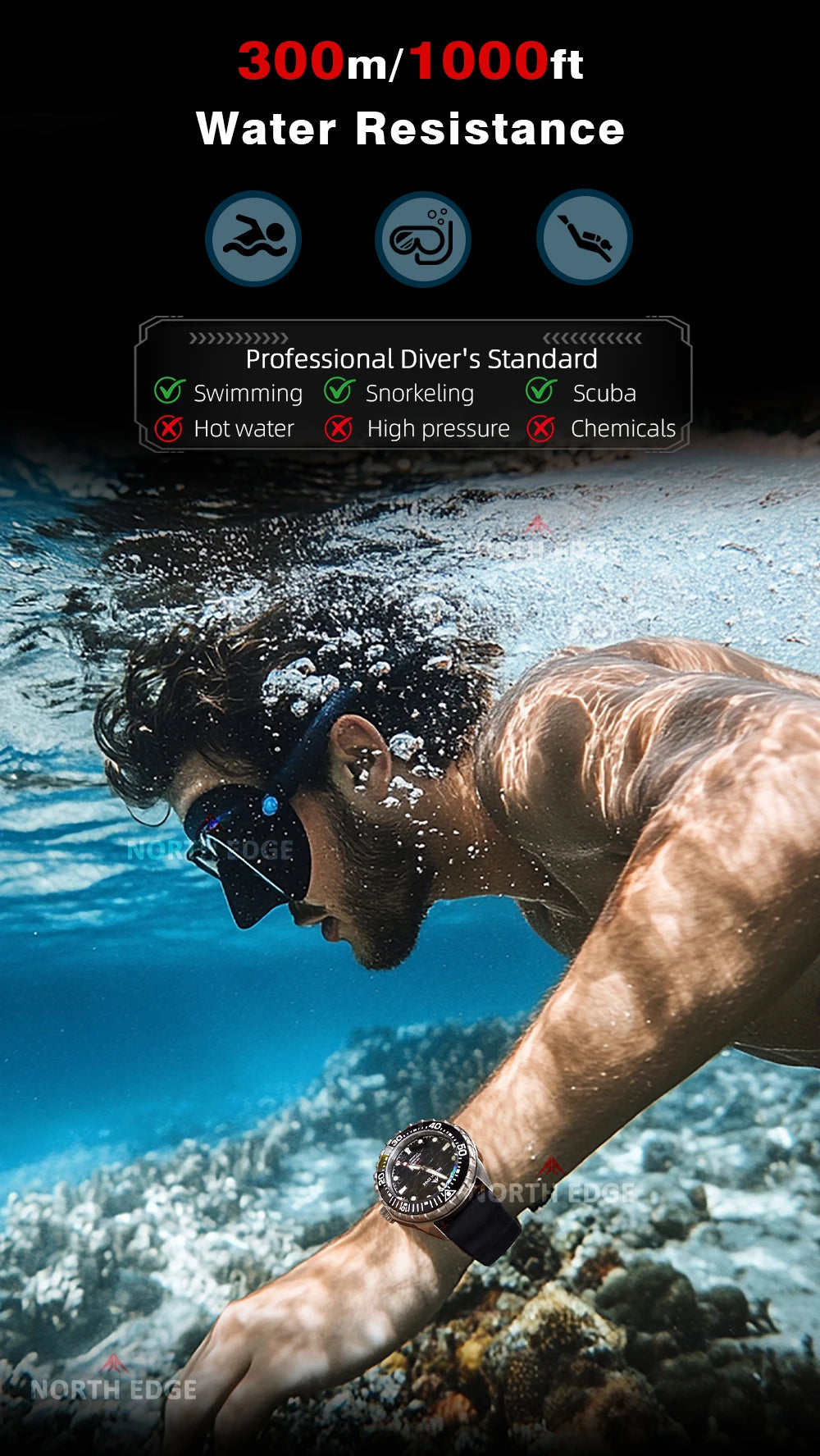 NORTH EDGE TRITON-TI Titanium Solar Diving Watch – 300M Waterproof, 180-Day Power Reserve