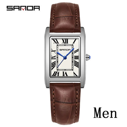SANDA Luxury Tank Couple Watch Wear Resistant Leather Strap Square Dial Waterproof Sport Casual Women Men Quartz Watches Reloj