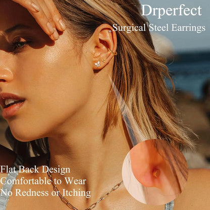 Drperfect Surgical Steel Earrings for Sensitive Ear Flat Back Hoop Cartilage Gold Plated CZ Studs for Women Multiple Piercing