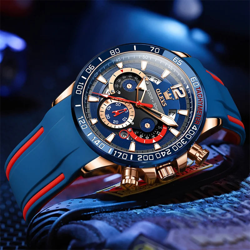 OLEVS Watch For Men High Quality Luminous Date Military Sport Quartz Men's Wristwatch Blue Rubber Strap Reloj Hombre
