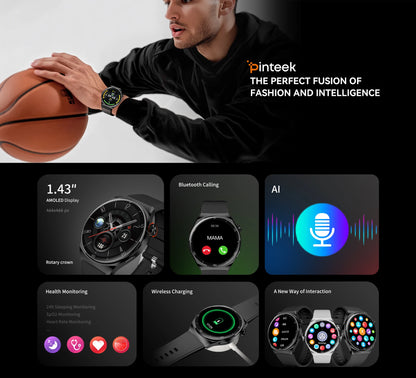 Pinteek Smart watch with AMOLED screen, call, message reminder, music control and other functions, compatible with ios/android