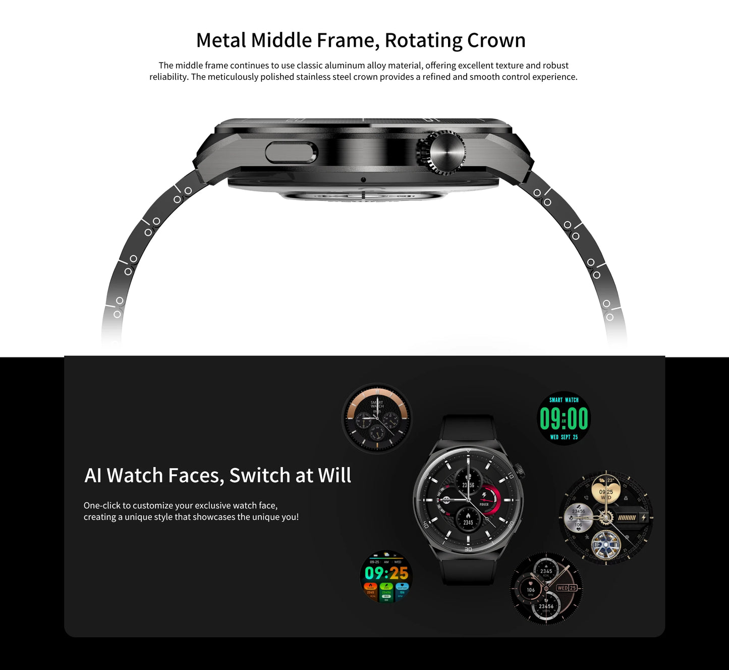 Pinteek Smart watch with AMOLED screen, call, message reminder, music control and other functions, compatible with ios/android