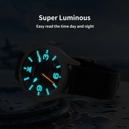 BERNY Pilot Titanium Automatic Watch for Men Sapphire AR Coated 10Bar Supper Luminous Men Wristwatch Sports Aviation Men Watches