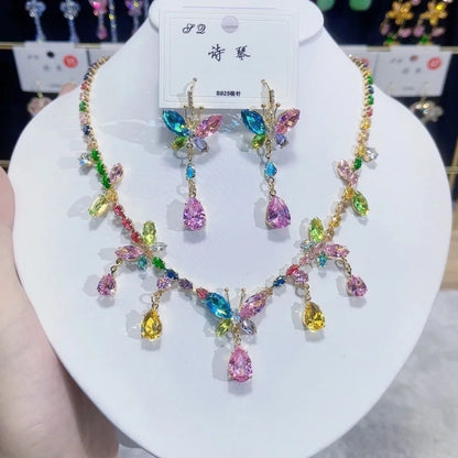 Multicolor Waterdrop Tassel Zirconia Necklace Earrings Women New Silver Color Bridal Wedding Fashion Jewelry Set Party Gifts