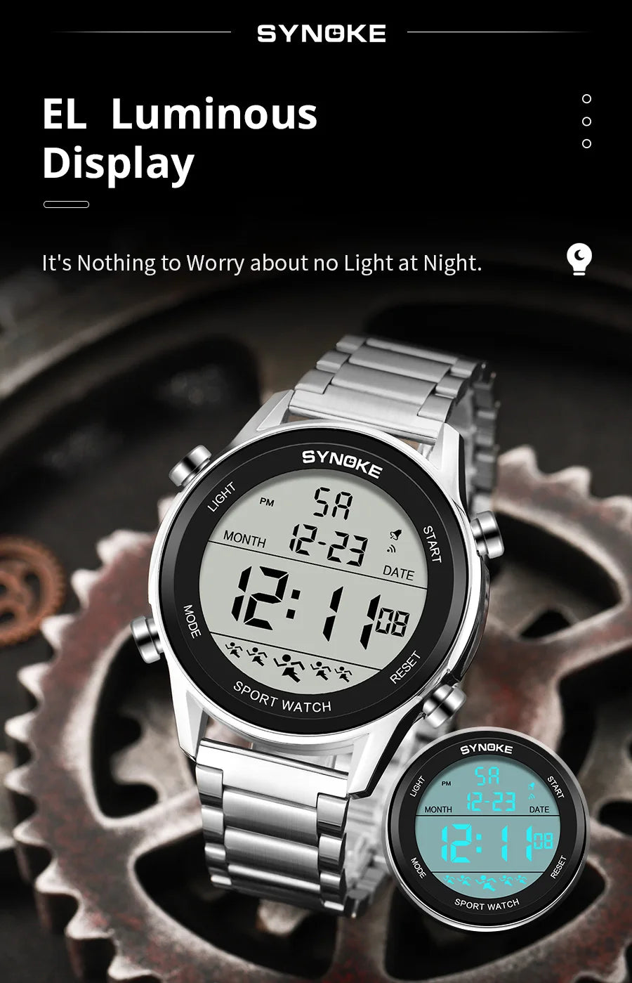 SYNOKE Top Luxury Stainless Steel Strap Sport Watches Mens Waterproof Back Light Digital Wristwatch Male Alarm