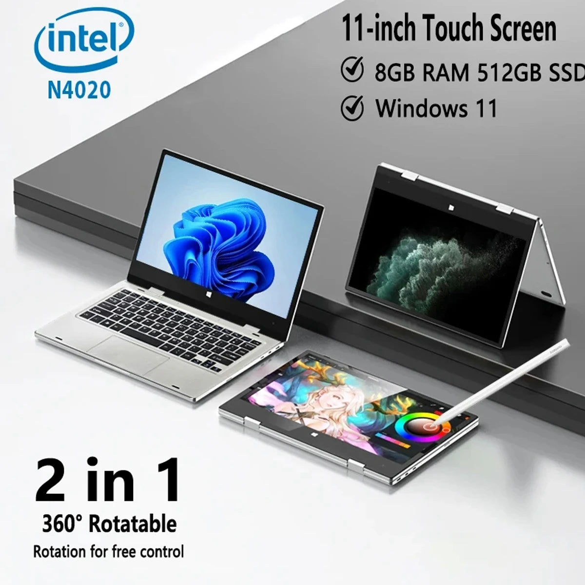 11.6-Inch 2-in-1 Touchscreen Laptop - Intel Windows 11 Pro 8GB DDR4 RAM SSD Portable Study Computer